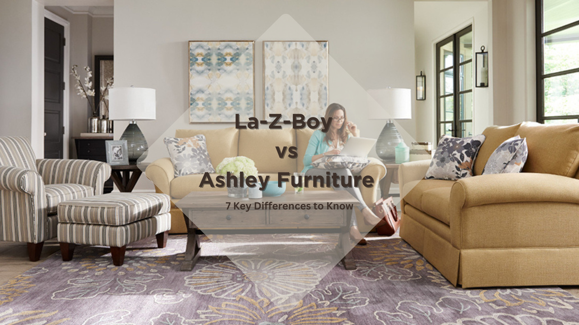 lady on laptop sitting on mustard couch and loveseat set