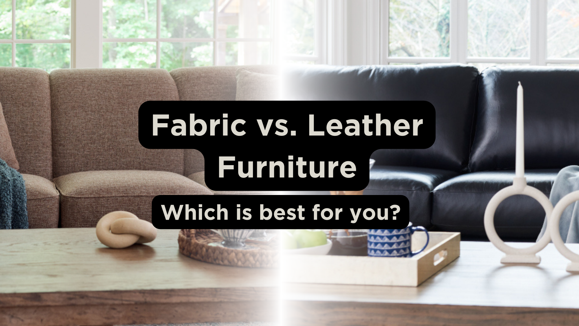 brown fabric sofa and black leather sofa