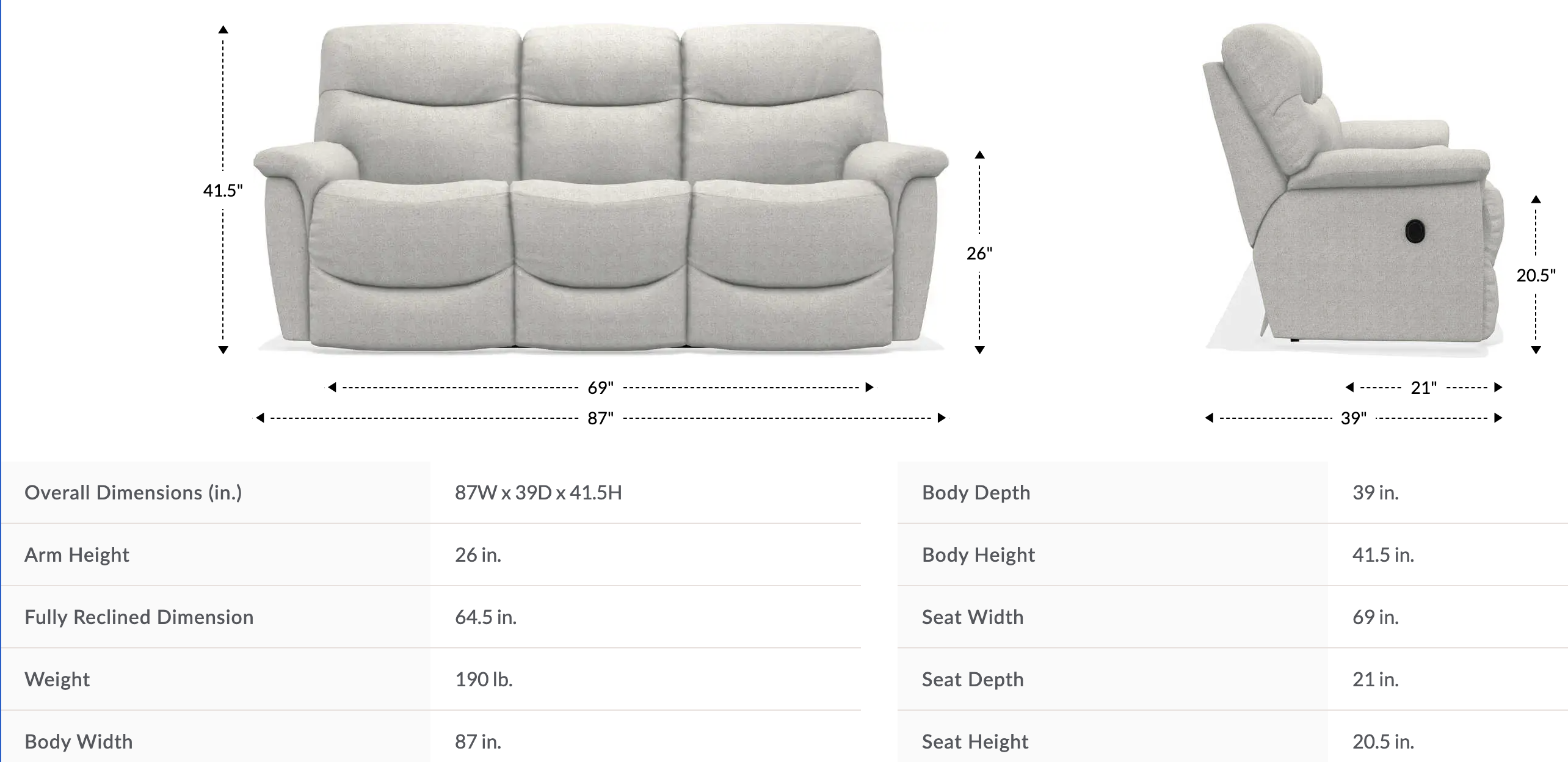 james reclining sofa size and dimensions