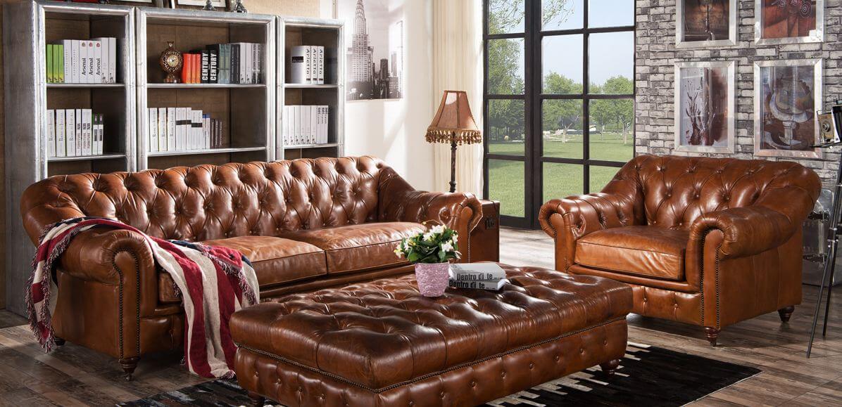 leather sofa chair and ottoman in living room